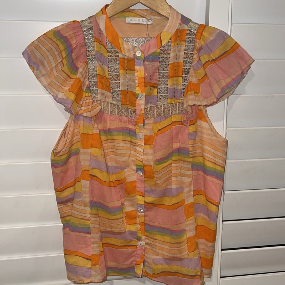 Karlie boho watercolor blouse with ruffle and lace details, NWT - Picture 4 of 10